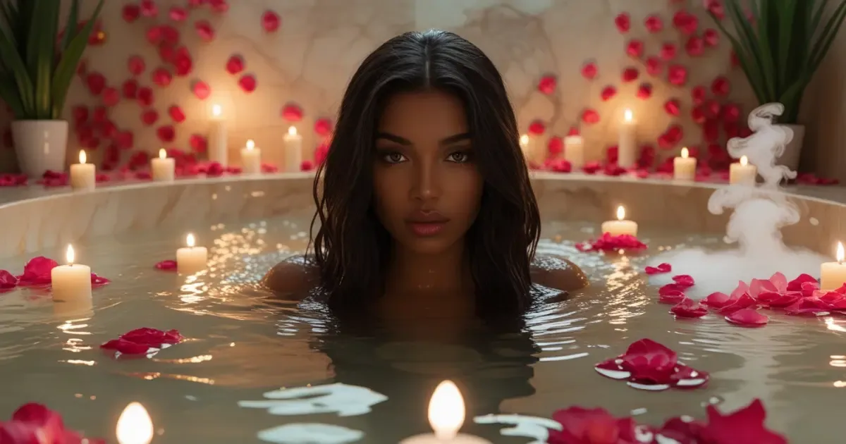 Mujer sumergida en bañera con velas flotando, rodeada de pétalos de rosa y monedas doradas, luz cálida y ambiente sereno