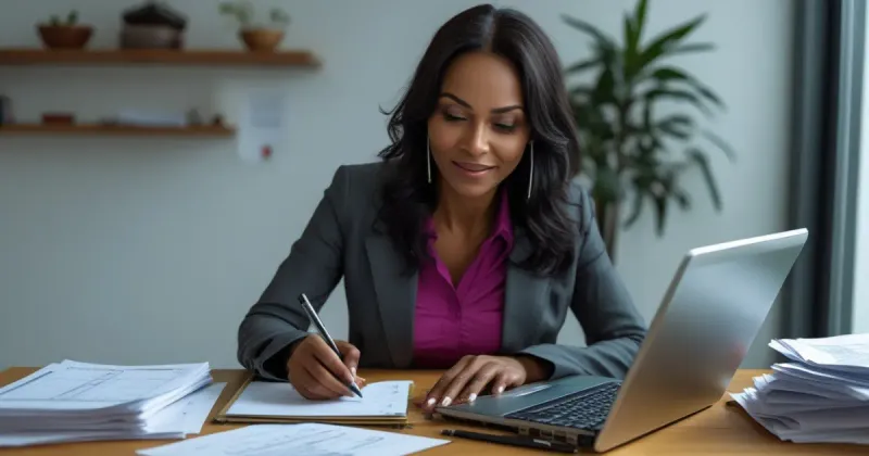 Mujer organizando finanzas con cuaderno y laptop, enfocada en atraer dinero con acción y mentalidad positiva