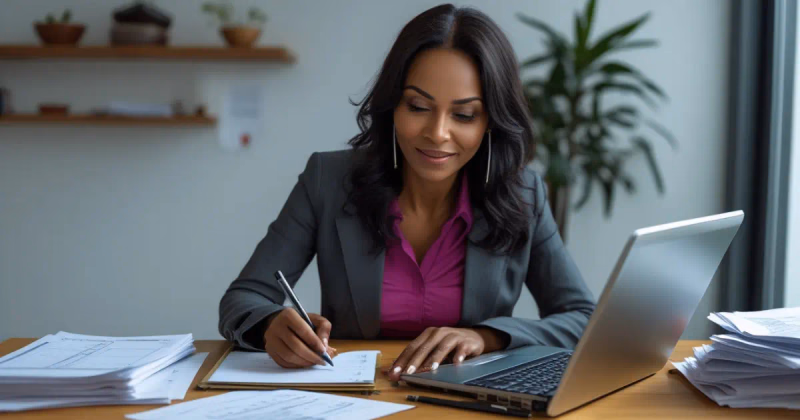 Mujer organizando finanzas con cuaderno y laptop, enfocada en atraer dinero con acción y mentalidad positiva