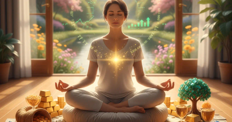 Técnicas para atraer dinero - Persona meditando con símbolos de abundancia y prosperidad financiera