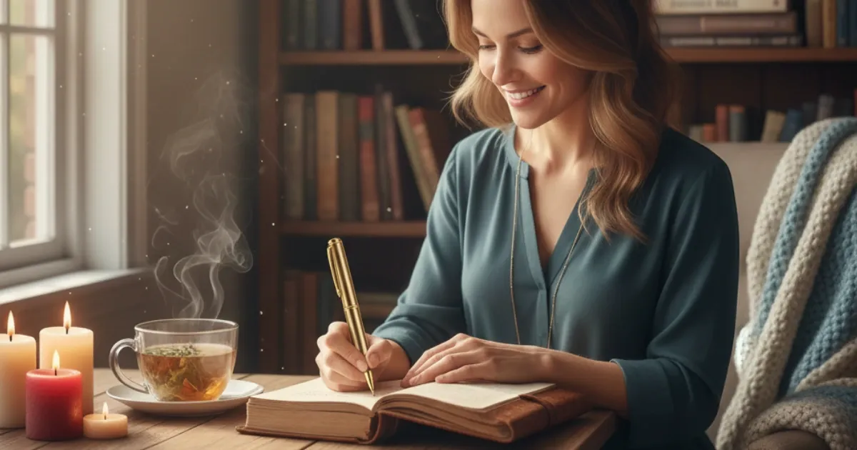 Mujer escribiendo en diario de manifestación con pluma dorada, al lado taza de té y velas encendidas, sonrisa serena