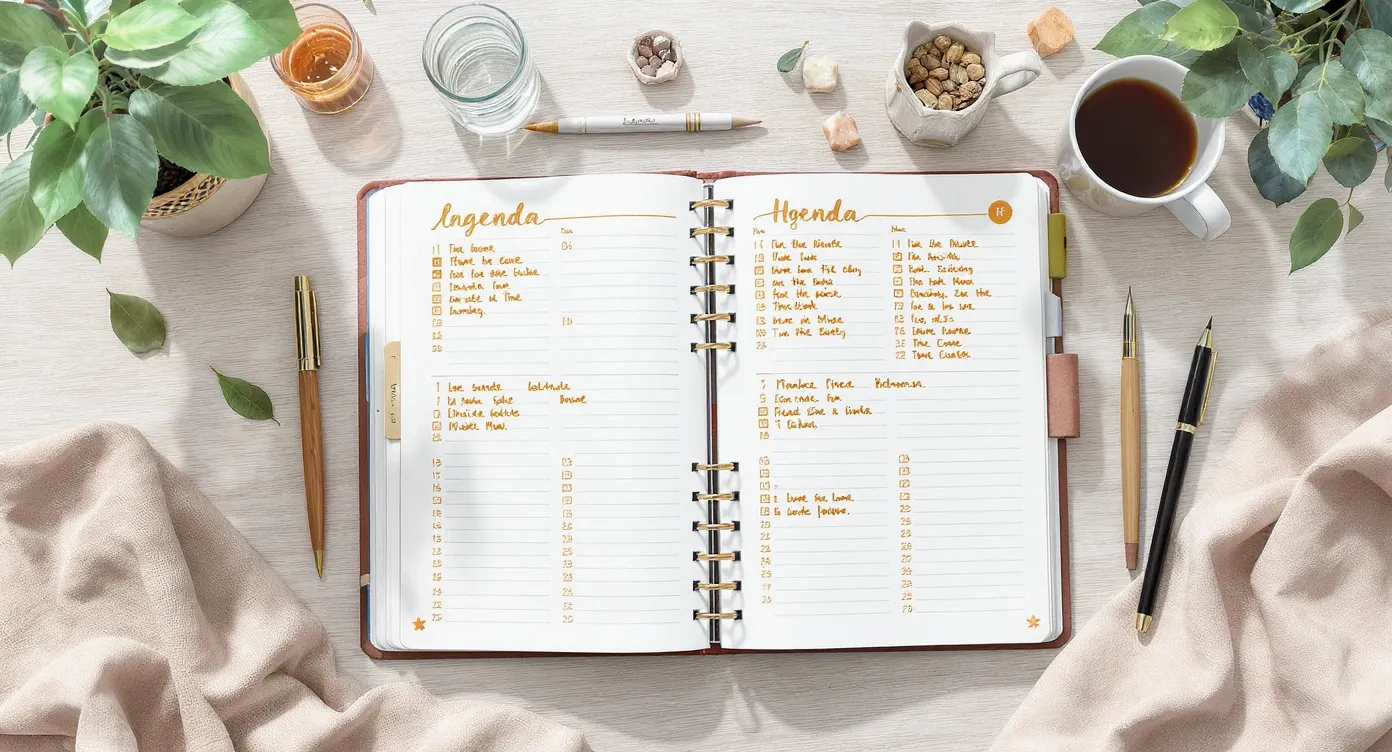 Agenda y planner organizado con frases de abundancia escritas en diferentes horarios