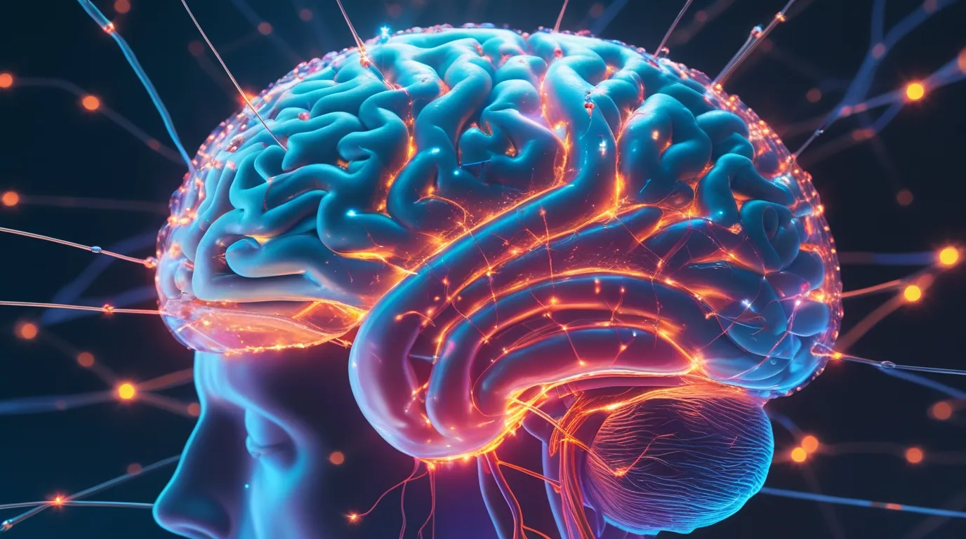 Ilustración 3D de un cerebro humano con conexiones neuronales que se iluminan, simbolizando la neuroplasticidad