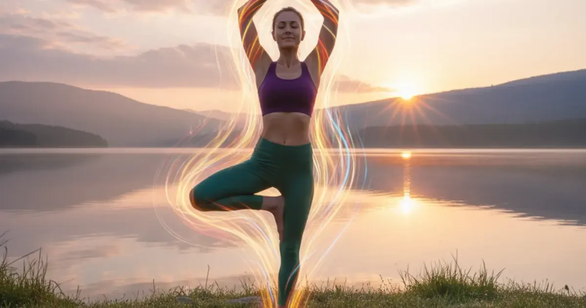 Persona haciendo yoga al amanecer con aura de energía y vitalidad