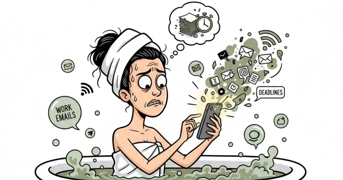 Ilustración de errores comunes: persona en baño con celular, sin velas, apurada, con expresión estresada