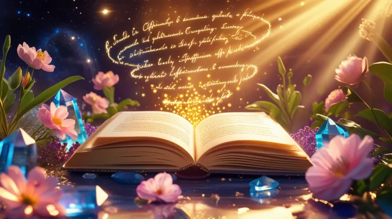 Libro abierto con afirmaciones — símbolo de prosperidad y manifestación.