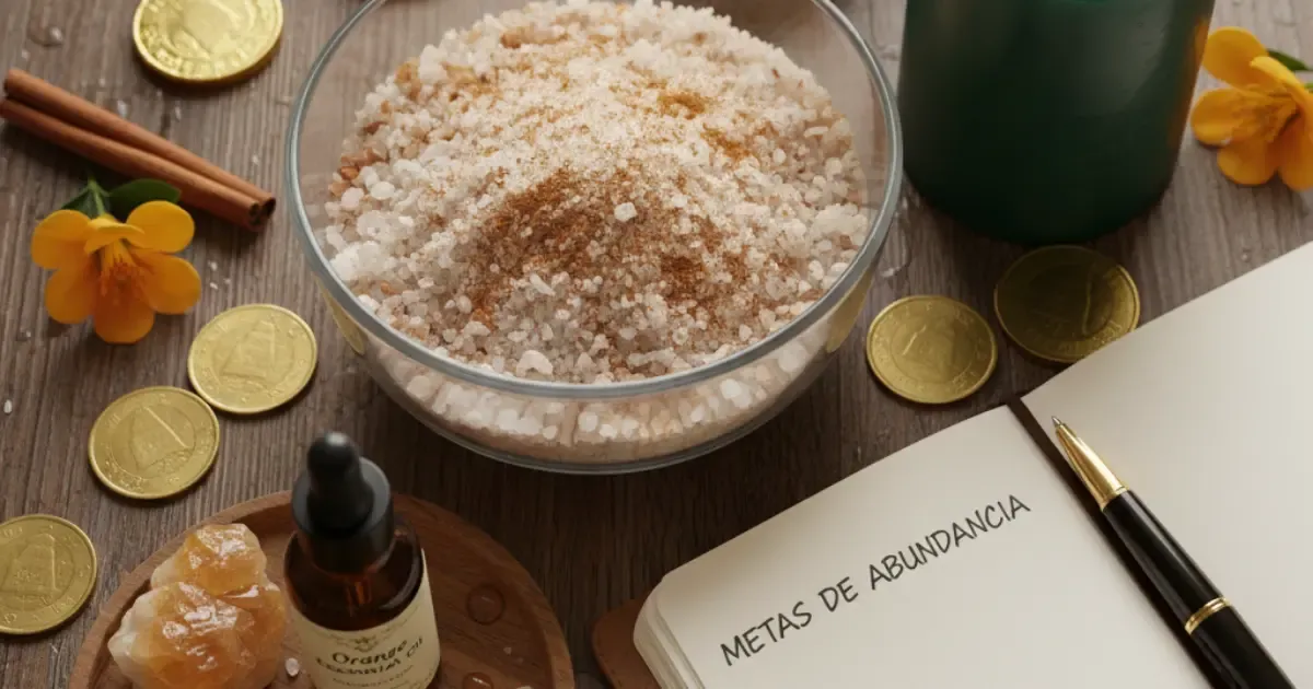 Ingredientes para baño de dinero: sales con canela, monedas doradas, citrino, aceite de naranja, vela verde y libreta de metas