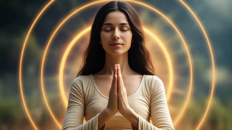 Persona meditando en posición de loto rodeada de luz dorada simbolizando gratitud y abundancia
